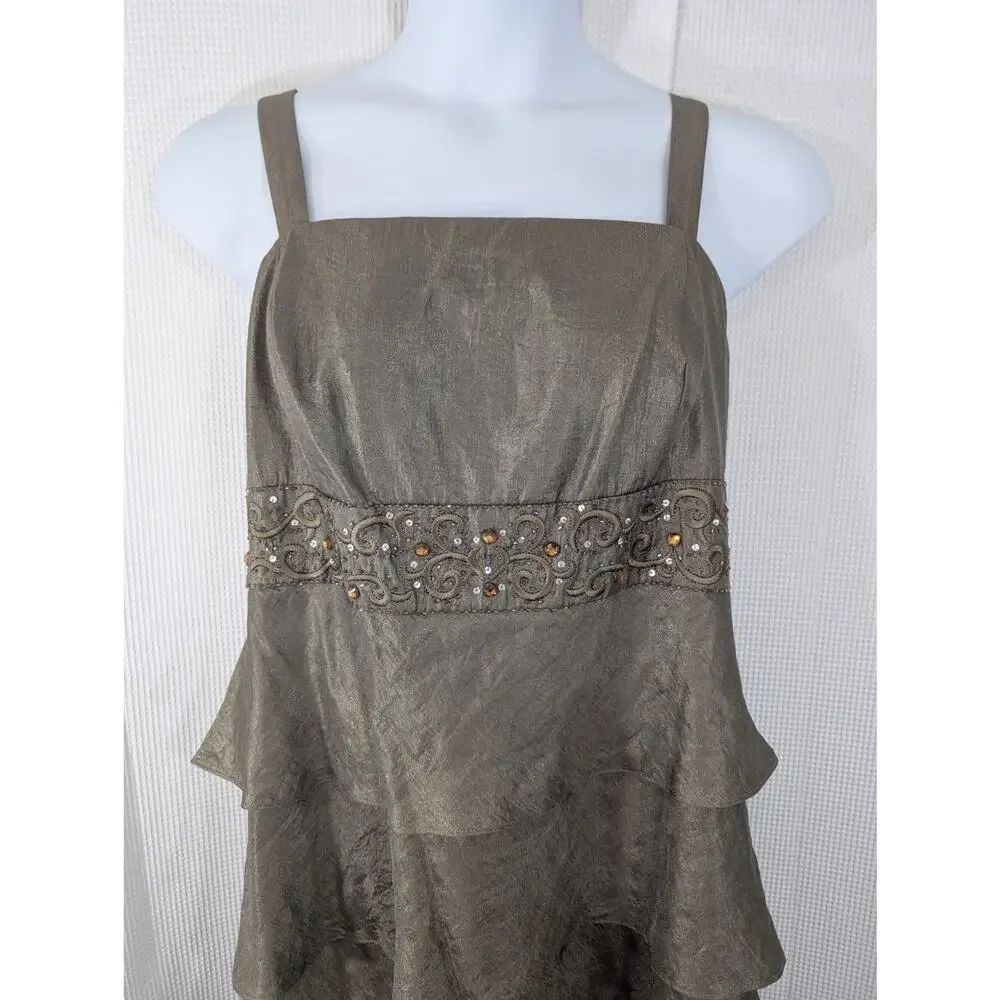 R & M RICHARDS! PALE GREEN/GRAY JEWELED/BEADED, TIERED SKIRT SHIMMERY DRESS! 18W